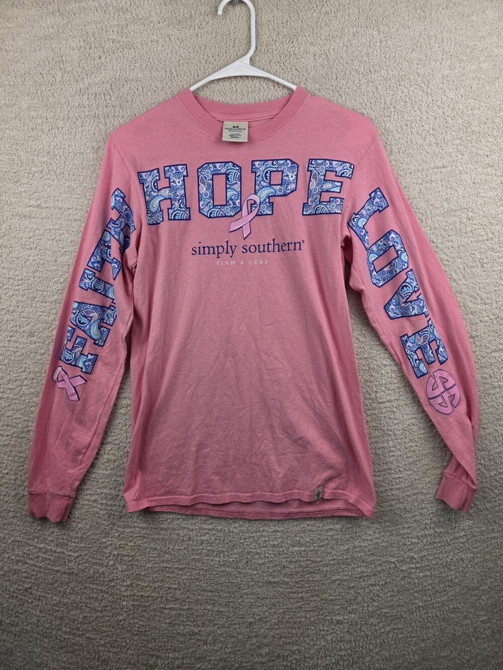 Simply Southern Collection Women's Long Sleeve Hope for a Cure Pink T-Shirt Sm
